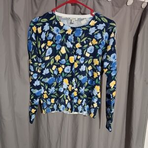 L.L. Bean Floral Women's Cardigan - Blue and Yellow Size Small